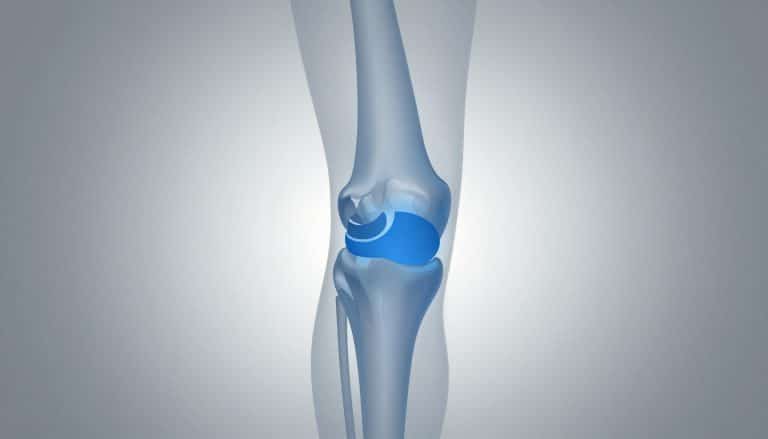 Illustration d’un genou de profil avec le ménisque en bleu entre le fémur et le tibia.