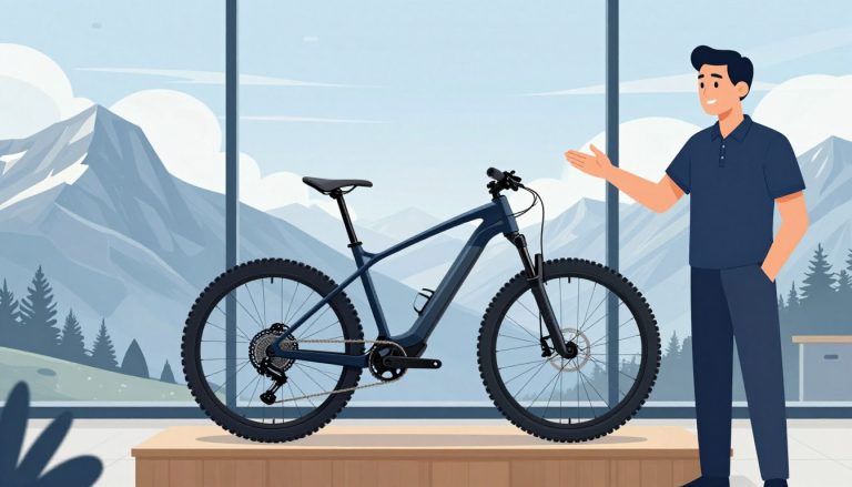 Un vendeur présente un VTT électrique noir dans une boutique face aux Alpes.
