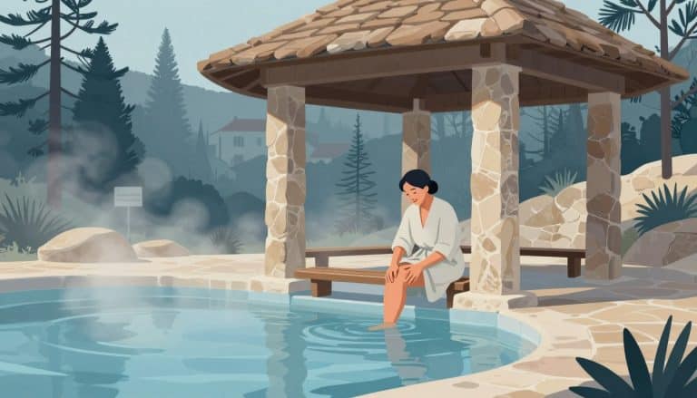 Une femme en peignoir masse son genou près d’un bassin thermal fumant.