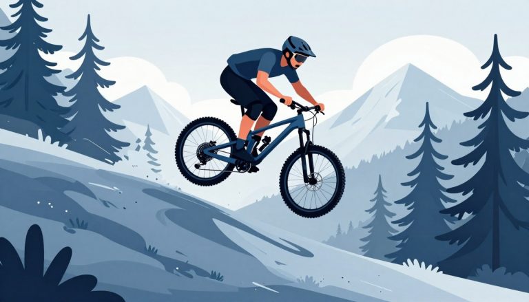 Un vététiste franchit un sentier escarpé devant des pins et des sommets alpins.