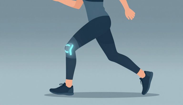Coureuse de profil avec la face externe du genou droit mise en évidence en bleu.