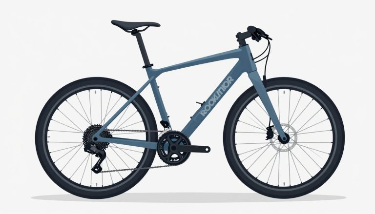 VTT Rockrider bleu présenté de trois quarts sur un sol gris ardoise.