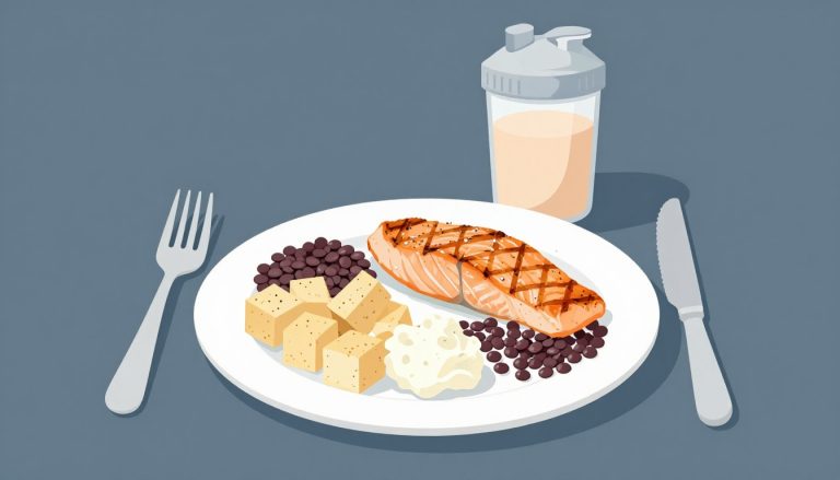 Assiette de poulet, saumon, tofu, lentilles et fromage cottage pour remplacer les œufs.