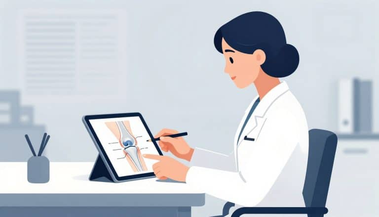 Une médecin examine sur tablette un schéma anatomique du genou.