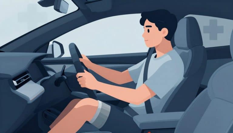 Conducteur portant une genouillère, les mains sur le volant et le pied droit près de l’accélérateur.