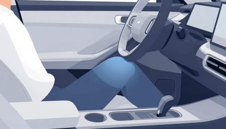 Conductrice au volant, genou droit légèrement mis en évidence près de la pédale de frein.