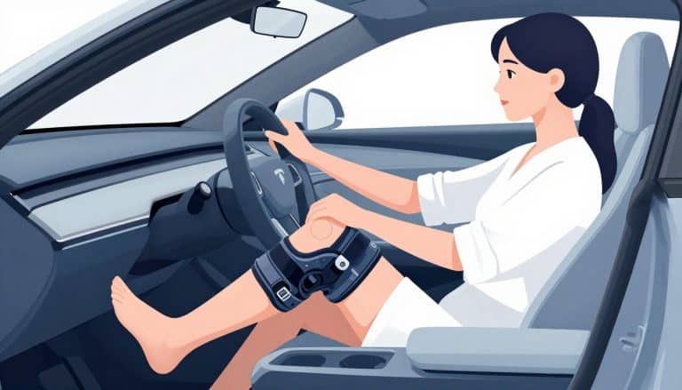 Une conductrice porte une genouillère au genou gauche dans une voiture.