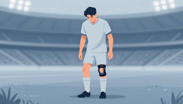 Un jeune footballeur regarde son genou gauche, légèrement fléchi, sur une pelouse.