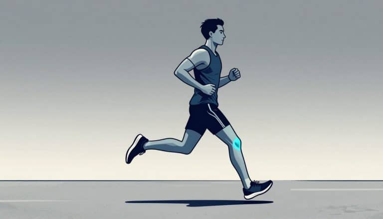 Coureur de profil avec le genou droit souligné en bleu.