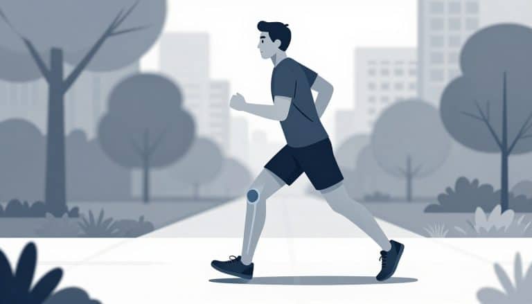Coureur de profil, genou droit fléchi et ménisque fissuré en bleu ardoise.
