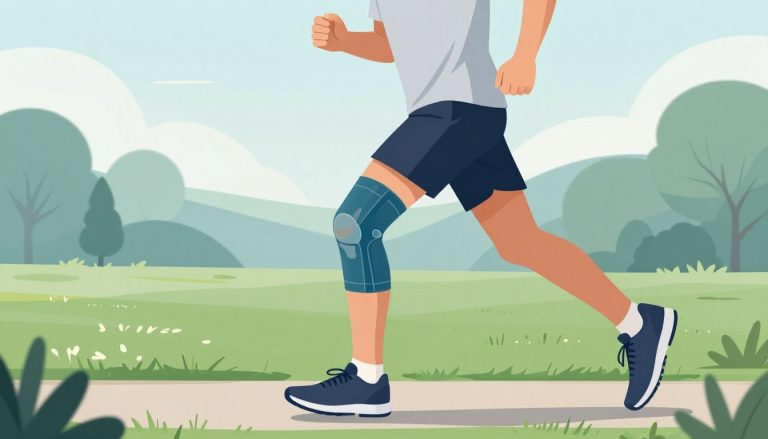 Un coureur portant une genouillère bleu-vert au genou droit sur un sentier.