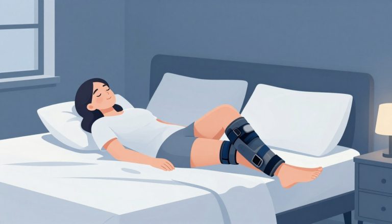 Une femme dort sur le côté avec une genouillère dans une chambre éclairée par la lune.