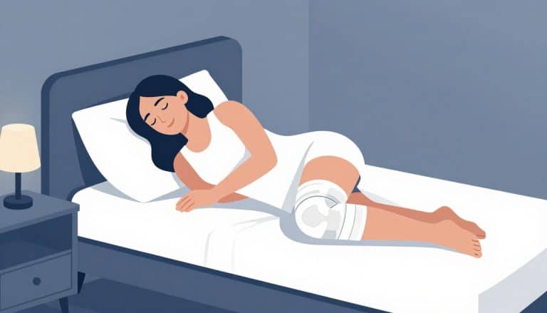 Femme endormie sur le côté avec une genouillère blanche dans une chambre éclairée par une lampe.