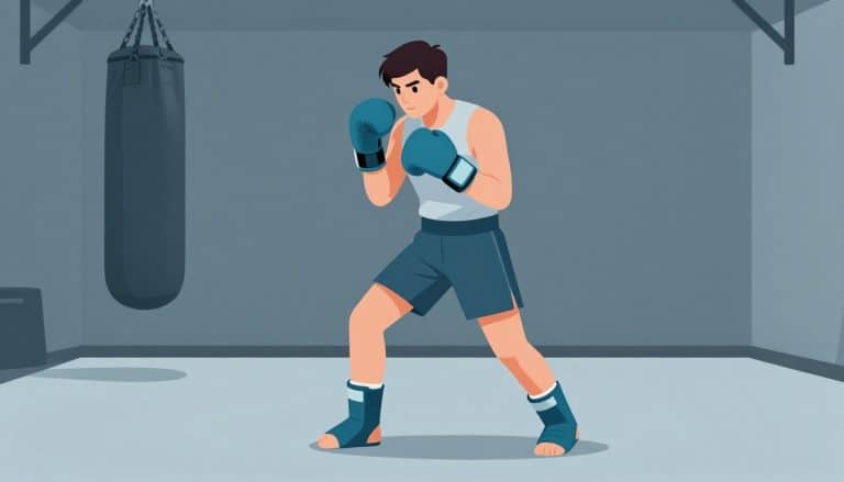 Un boxeur ganté porte une attelle bleu sarcelle au genou gauche dans une salle sombre.