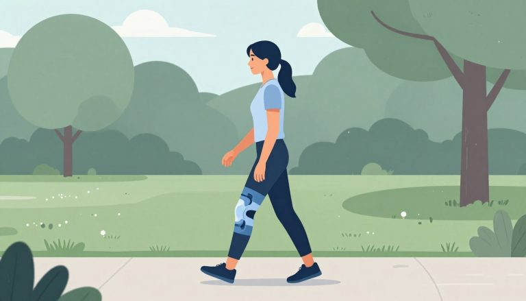 Une femme marche dans un parc avec une genouillère bleu clair.