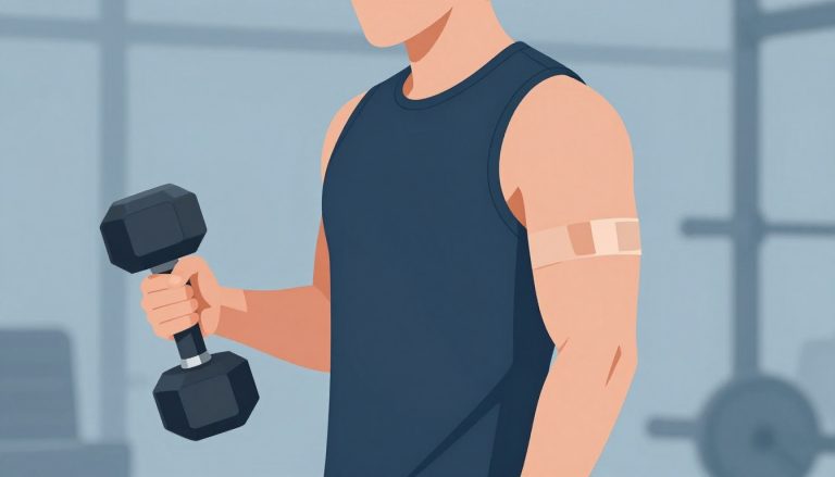 Un homme musclé tient un haltère, avec un tatouage bandé sur l’avant-bras droit.