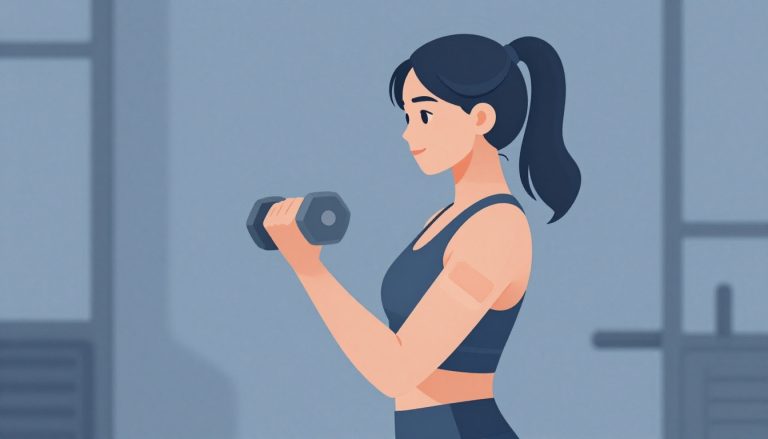 Une femme tient un haltère léger avec un pansement au bras dans une salle de sport épurée.
