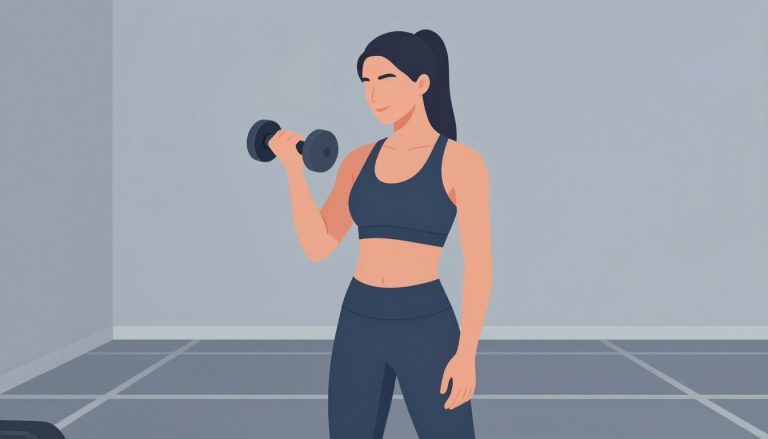 Une femme tient un haltère dans une salle de sport, la main posée sur sa cuisse.