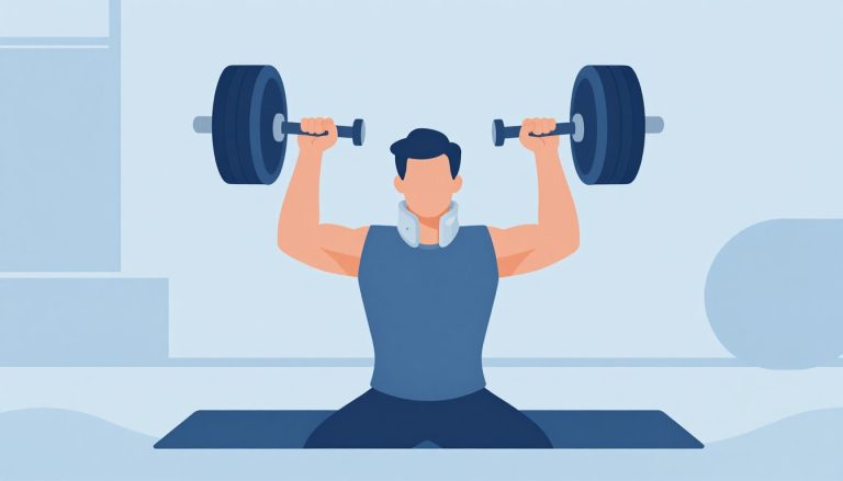 Un homme réalise une presse légère avec des haltères, portant un col cervical.