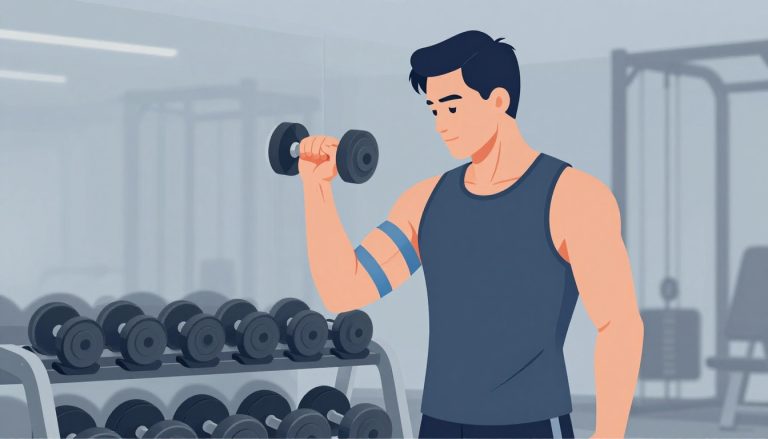 Un athlète tient un haltère léger avec un bandage bleu autour du coude.