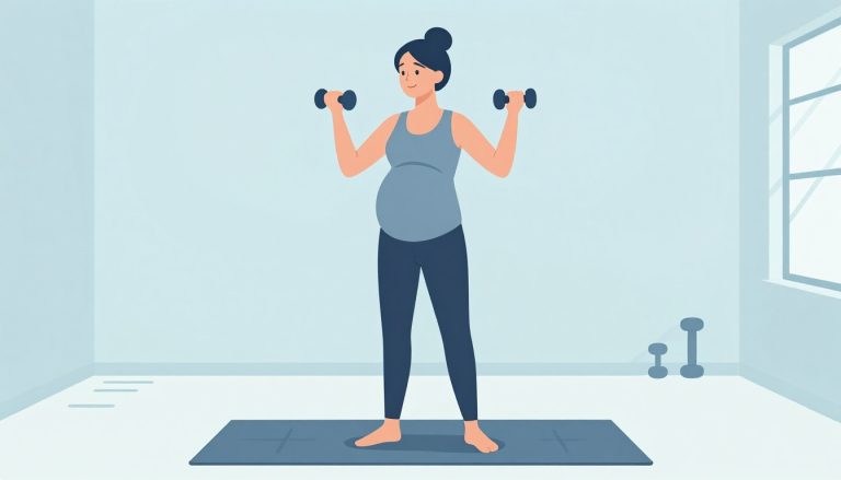 Une femme enceinte soulève deux haltères légers dans une salle de sport lumineuse.