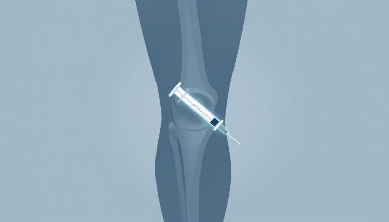 Illustration d’un genou avec le tendon patellaire et une seringue médicale.