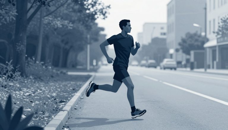 Un coureur en chaussures de trail avance entre un sentier forestier et une rue urbaine.
