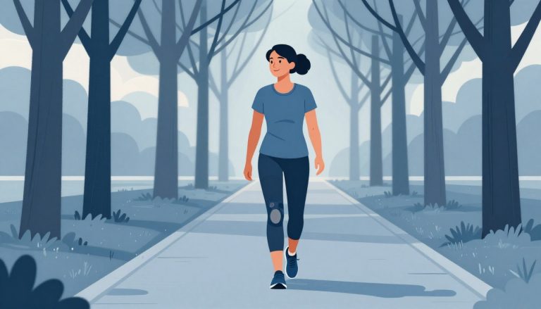 Une femme marche dans un parc avec une genouillère et le sourire.