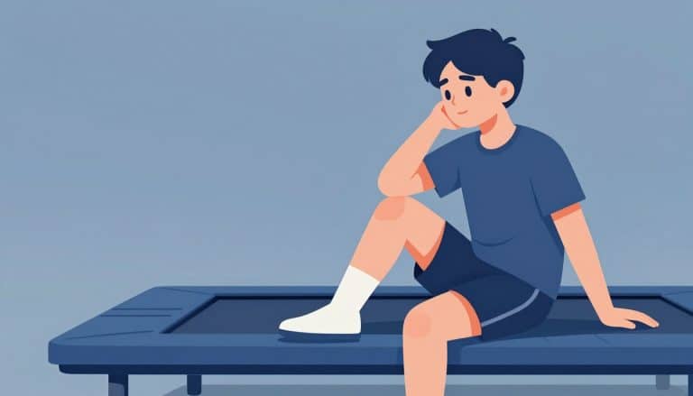 Un adolescent assis sur un trampoline soutient son genou relevé.
