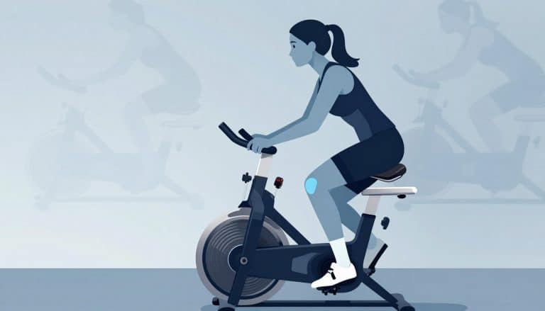 Une cycliste pédale sur un vélo d’intérieur, avec le genou droit mis en évidence.