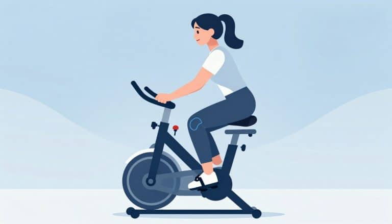 Femme pédalant sur un vélo d’appartement, avec un contour bleu autour du genou gauche.
