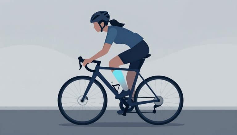 Une cycliste à vélo, avec le genou externe mis en évidence.