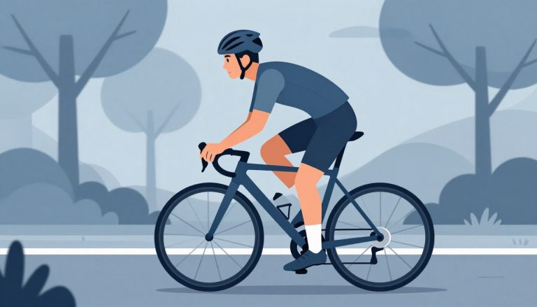 Cycliste de profil sur un vélo, avec le genou gauche discrètement mis en évidence.
