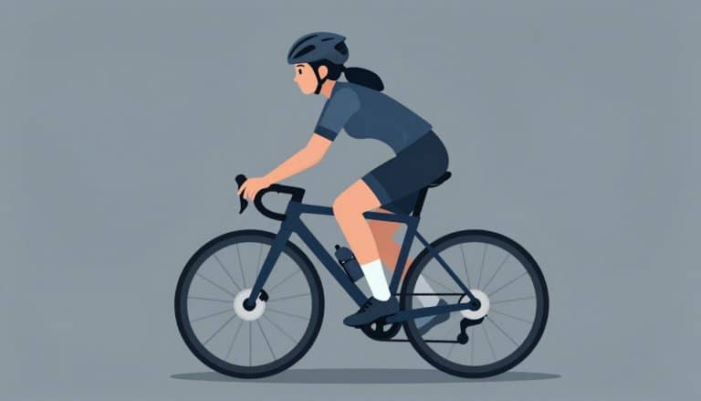 Une cycliste sur un vélo d’intérieur, genou gauche légèrement fléchi et mis en évidence en bleu.