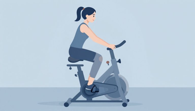 Une femme souriante pédale sur un vélo d’appartement, genou gauche légèrement fléchi.