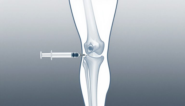 Genou vu de profil avec une seringue près du tendon patellaire.