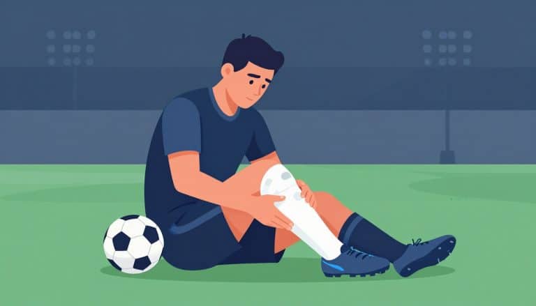 Un footballeur assis sur la pelouse porte une attelle blanche au genou.