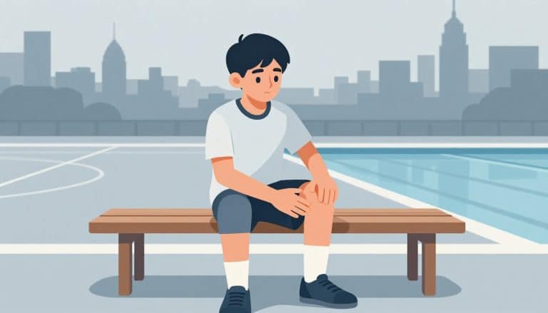 Un adolescent assis sur un banc soutient son genou posé sur un coussin.