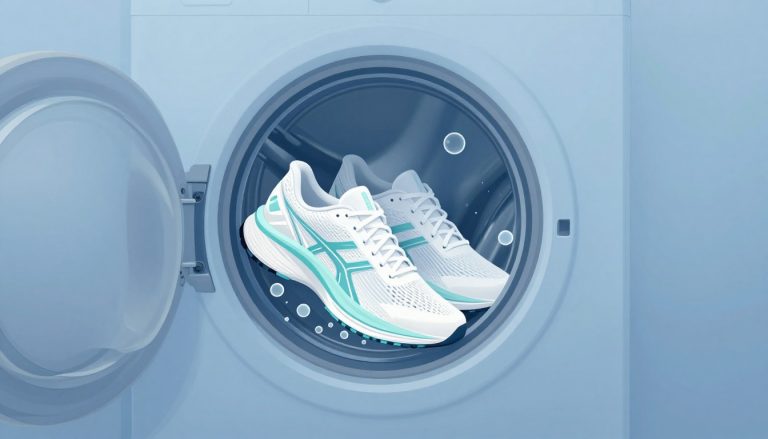 Des chaussures de running blanches et turquoise dans le tambour ouvert d’un lave-linge.