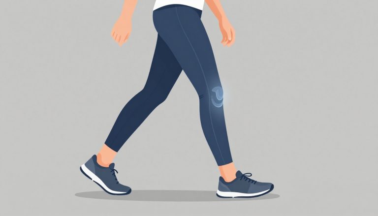 Une femme marche lentement avec le genou gauche légèrement enflammé.