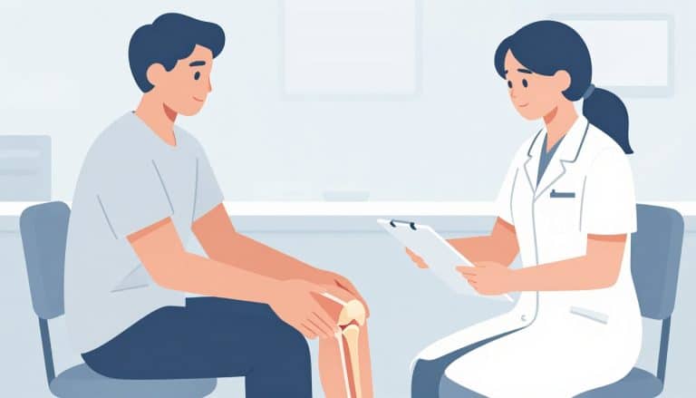 Une médecin examine le genou droit d’un patient avec une articulation luxée en surimpression.