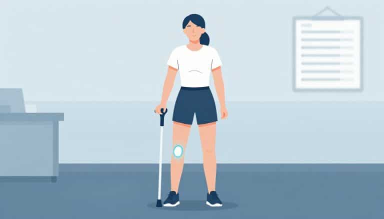 Une femme utilise une béquille, avec le genou droit marqué en bleu.