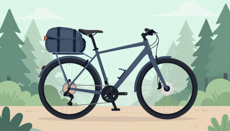 Un VTT gris avec un porte-bagage et un sac à dos sur un sentier forestier.