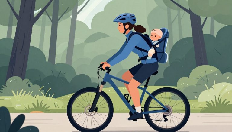 Une cycliste transporte un bébé dans un siège fixé à l’arrière d’un vélo tout-terrain.