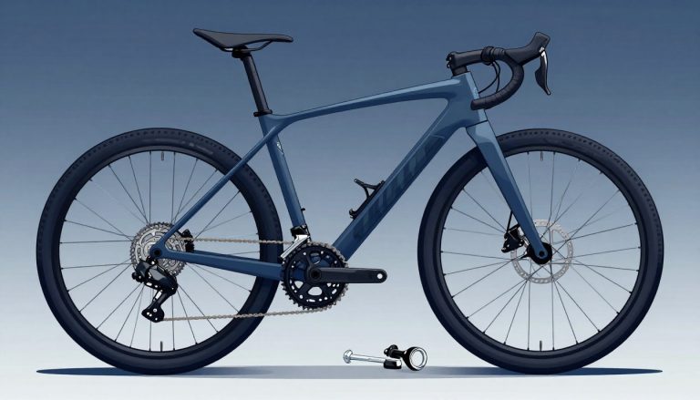 Cadre de VTT avec freins à disque, adaptateurs et clé hexagonale sur fond bleu ardoise.