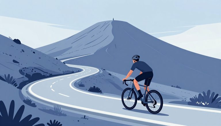 Un vététiste grimpe vers le sommet du Mont Ventoux sur une route sinueuse.