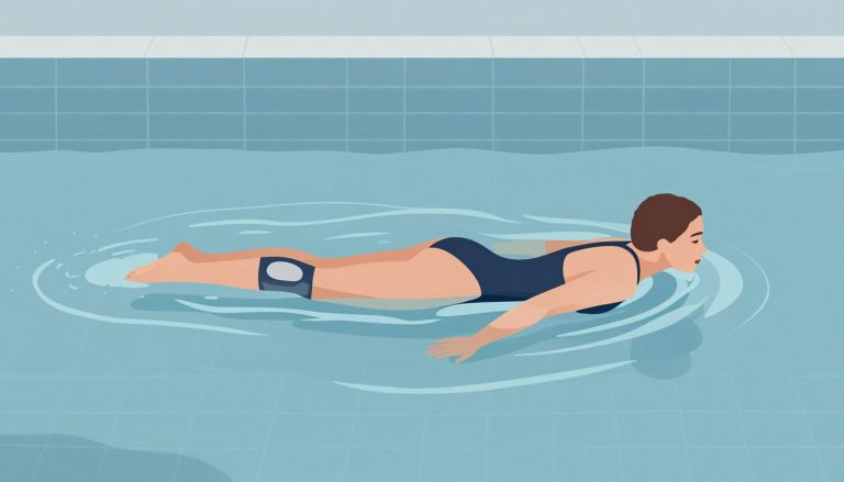Une femme nage doucement avec une genouillère dans une piscine intérieure.