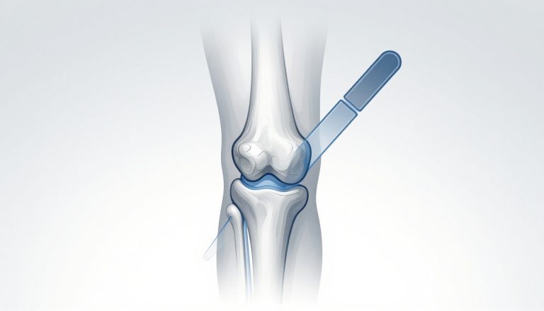 Illustration d’une articulation du genou avec cartilage bleu et bistouri en arrière.