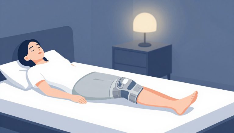 Une femme allongée sur le côté porte une genouillère grise dans une chambre éclairée doucement.