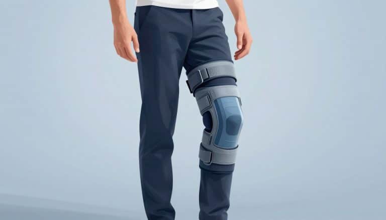 Un homme porte une genouillère grise par-dessus son pantalon sombre.